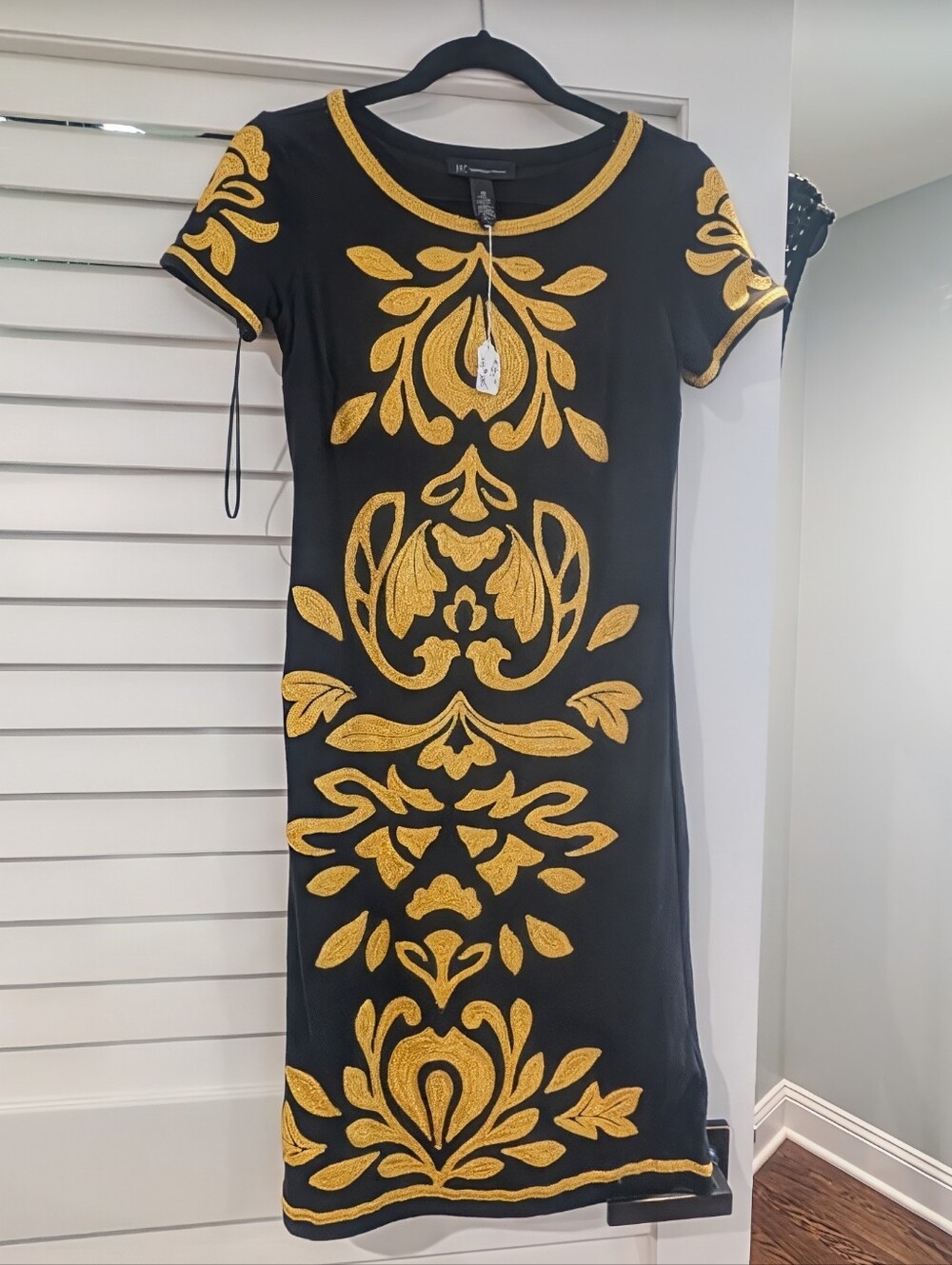 INC International Concepts Black Midi Sheath Dress Like NEW with Gold Embroidery